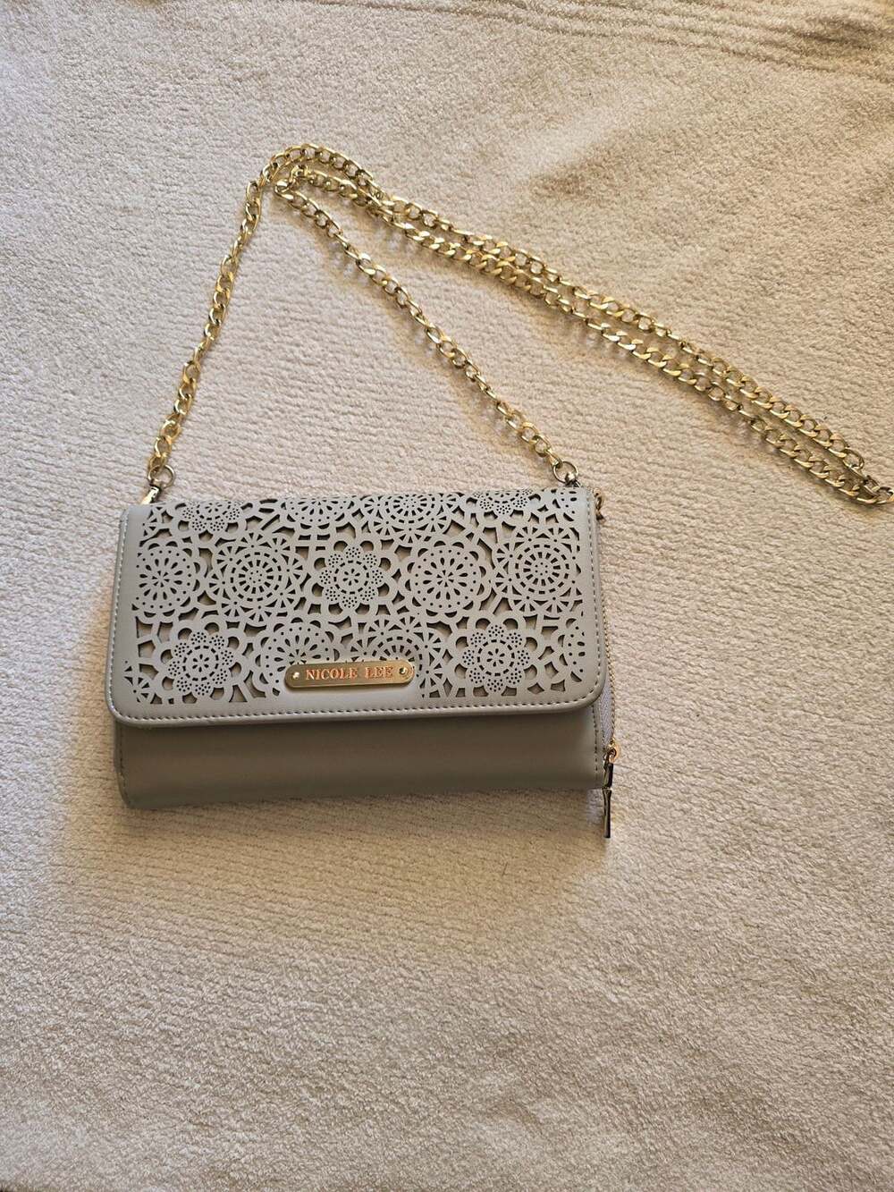 Nicole Lee Crossbody Wallet Gray Perforated Floral Design